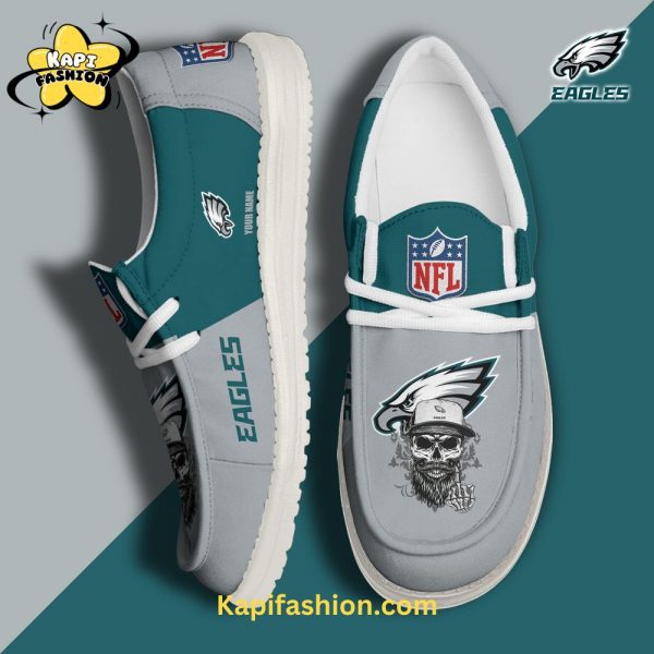 Philadelphia Eagles Skull Grey Canvas Loafer Shoes Custom Your Name