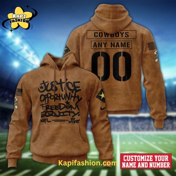 Dallas Cowboys-NFL Justice Opportunity Equity Freedom Brown Hoodie Custom Name and Number